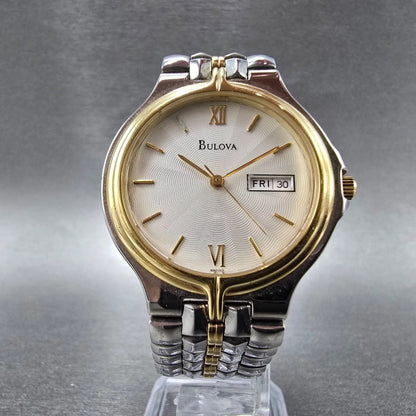 Bulova Watch Men 34mm White Dial Two Tone Daydate 98C02 Round VTG PARTS6
