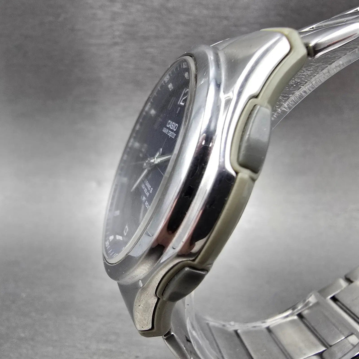 Casio Wave Ceptor Watch Men 43mm Blue Dial Silver Solar Alarm Daydate Works JP2