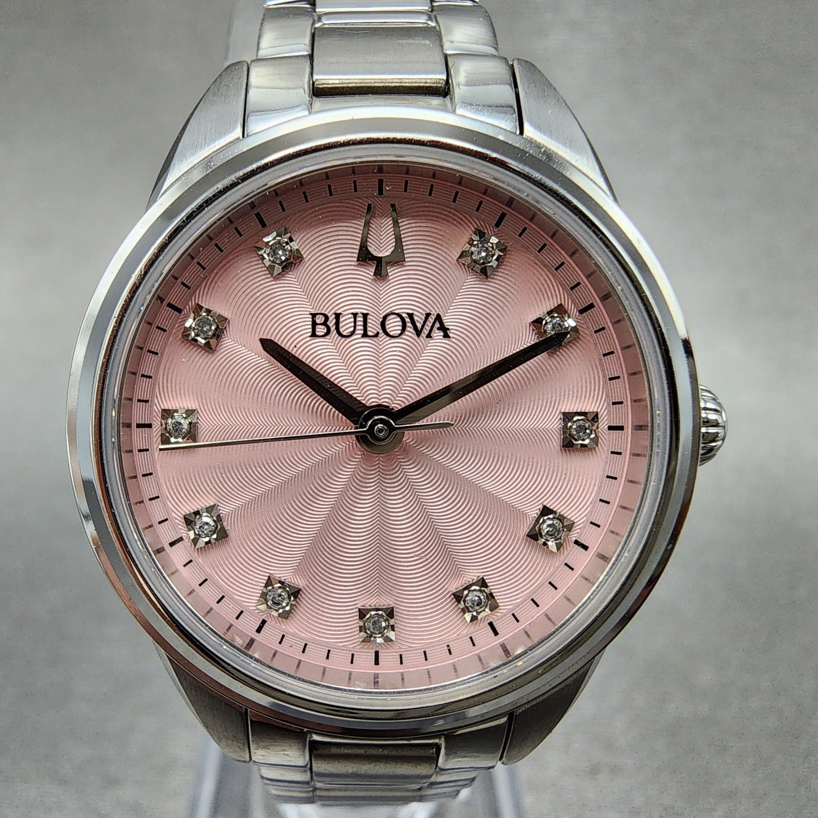 Bulova Sutton Watch Women 28mm Pink Dial Steel Round 96P249 New Battery1