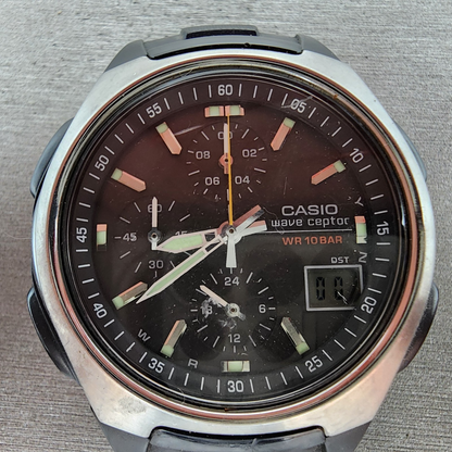 Casio Wave Ceptor Watch Men 43mm Black Dial Black Tone Analog Digital Solar Runs1