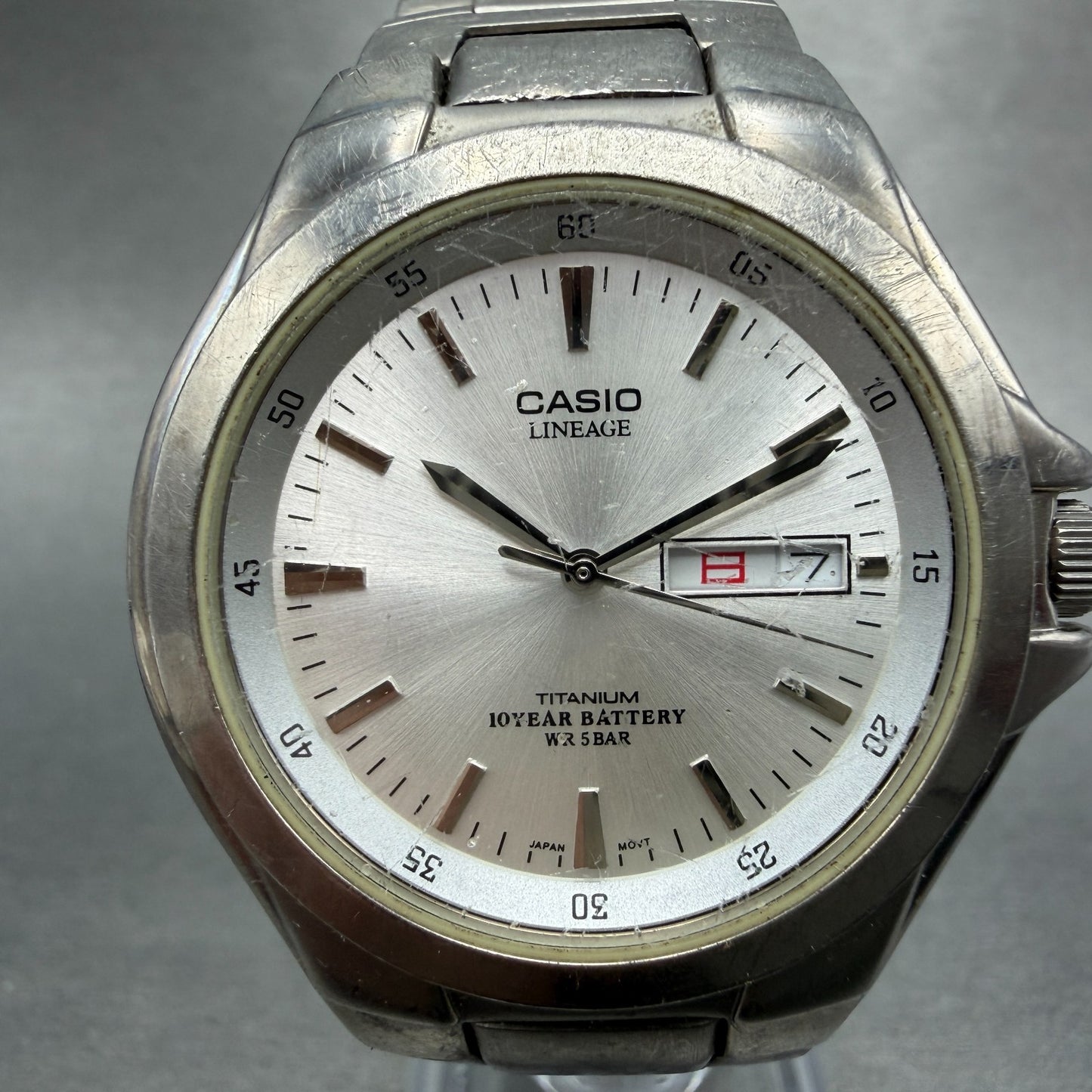 Casio Lineage Titanium Watch Men 38mm Silver Dial Daydate LIN-171J New Battery 40