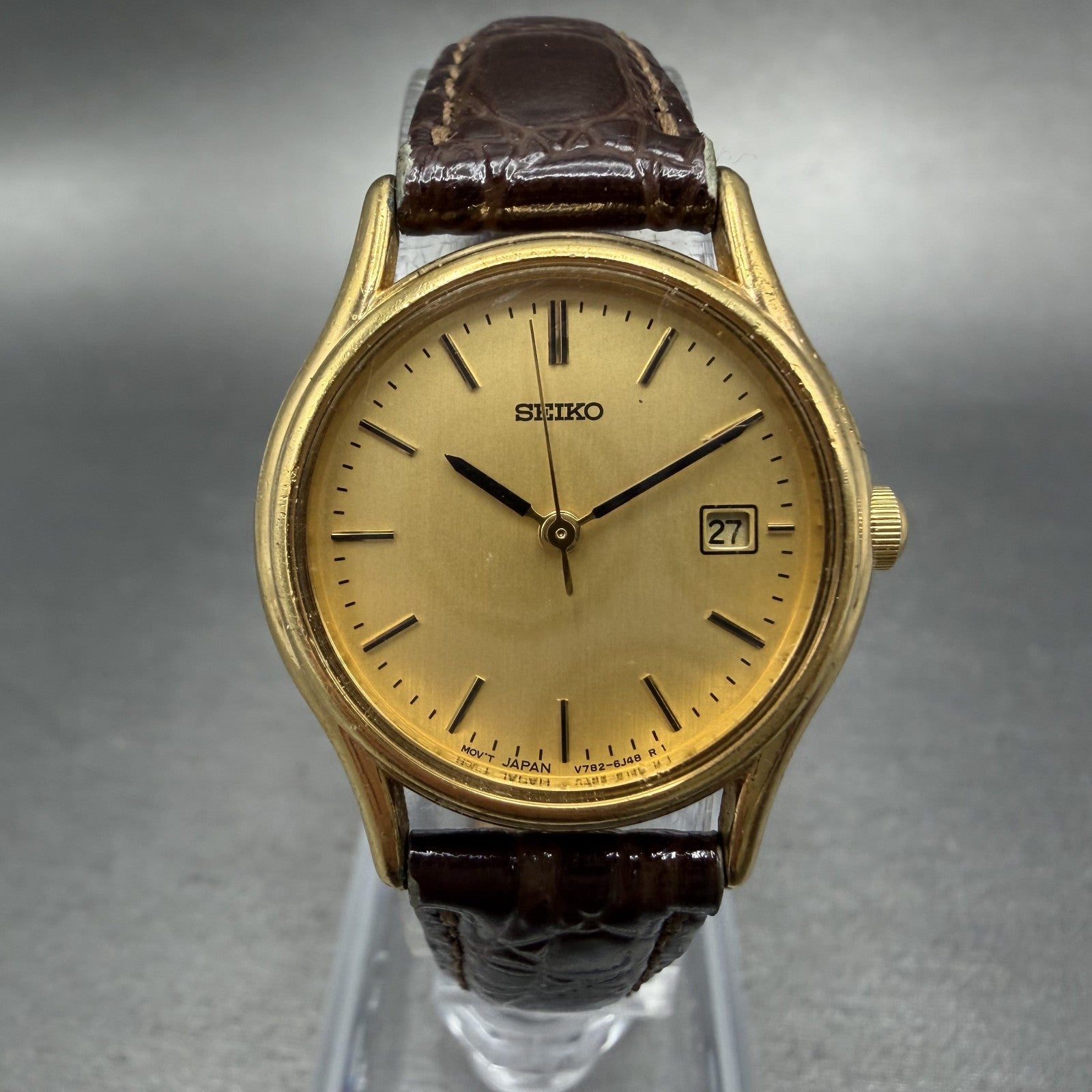 Seiko Watch Women 25mm Champagne Dial Gold Tone Date Round V782-6E50 New Battery0