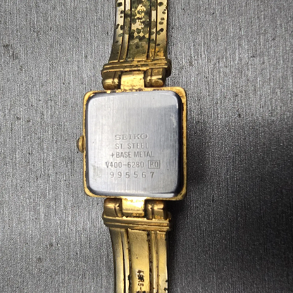Seiko Watch Women 19mm Champagne Dial Gold Tone Square V400-6280 New Battery VTG12