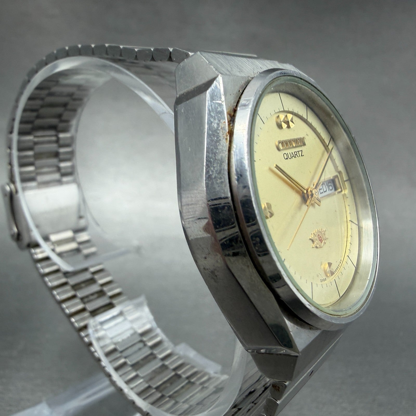 Citizen CQ Watch Men 35mm Champagne Dial Silver Tone Date 2100-289323 New Batt3