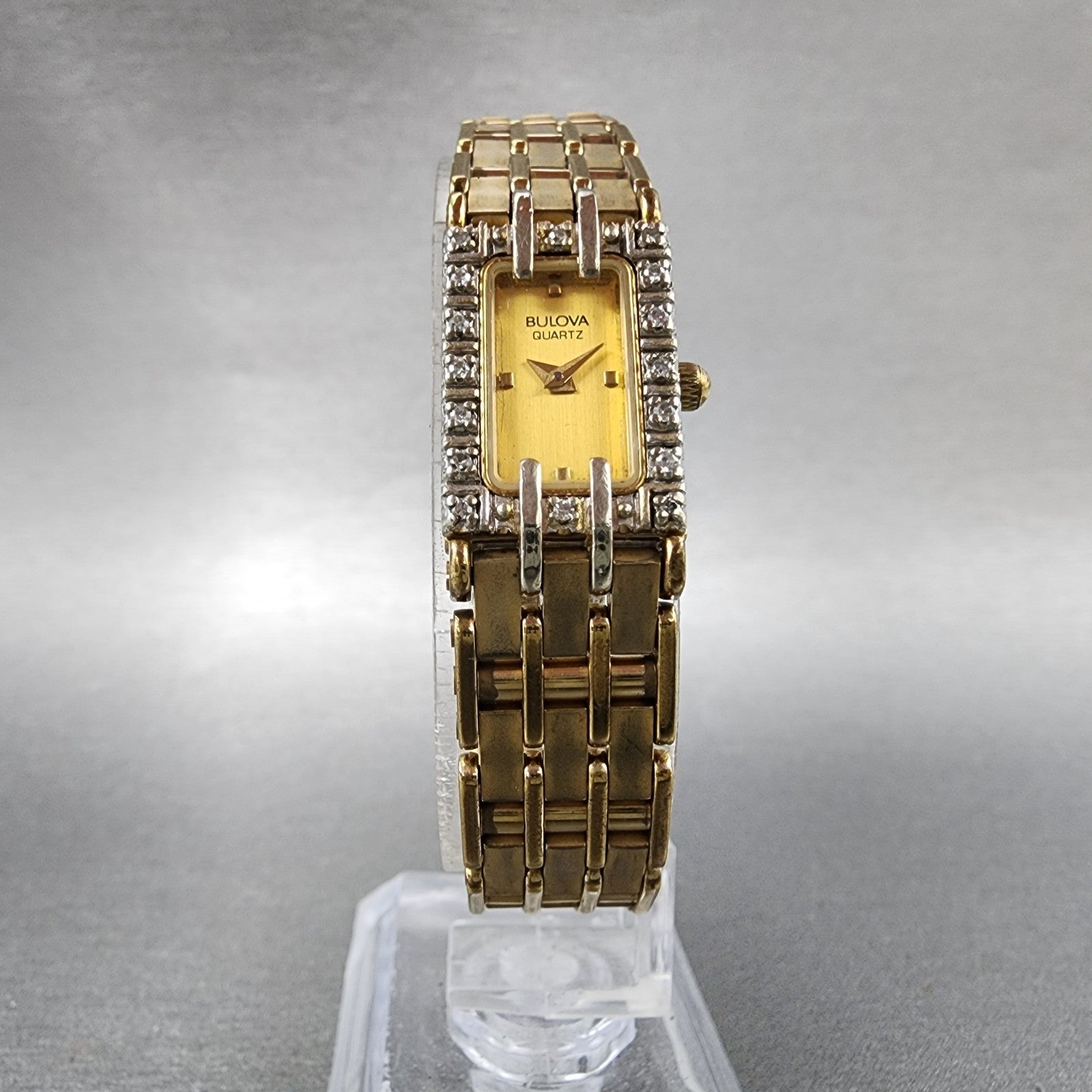 Bulova Tank Watch Women 14mm Gold Dial Gold Tone Diamond Bezel 90F26 New Battery5