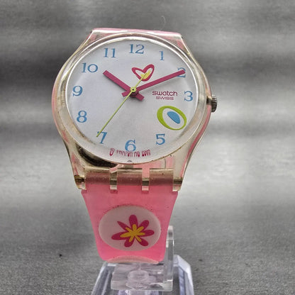 Swatch Pink Candy Watch Women 34mm White Dial Clear Case Round GE177 New Battery5