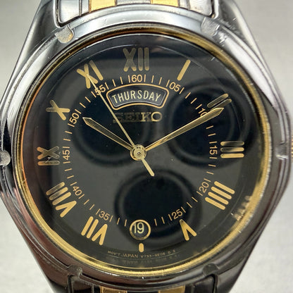 Seiko Watch Men 35mm Black Dial Black & Gold Tone Daydate V733-6C49 New Battery21
