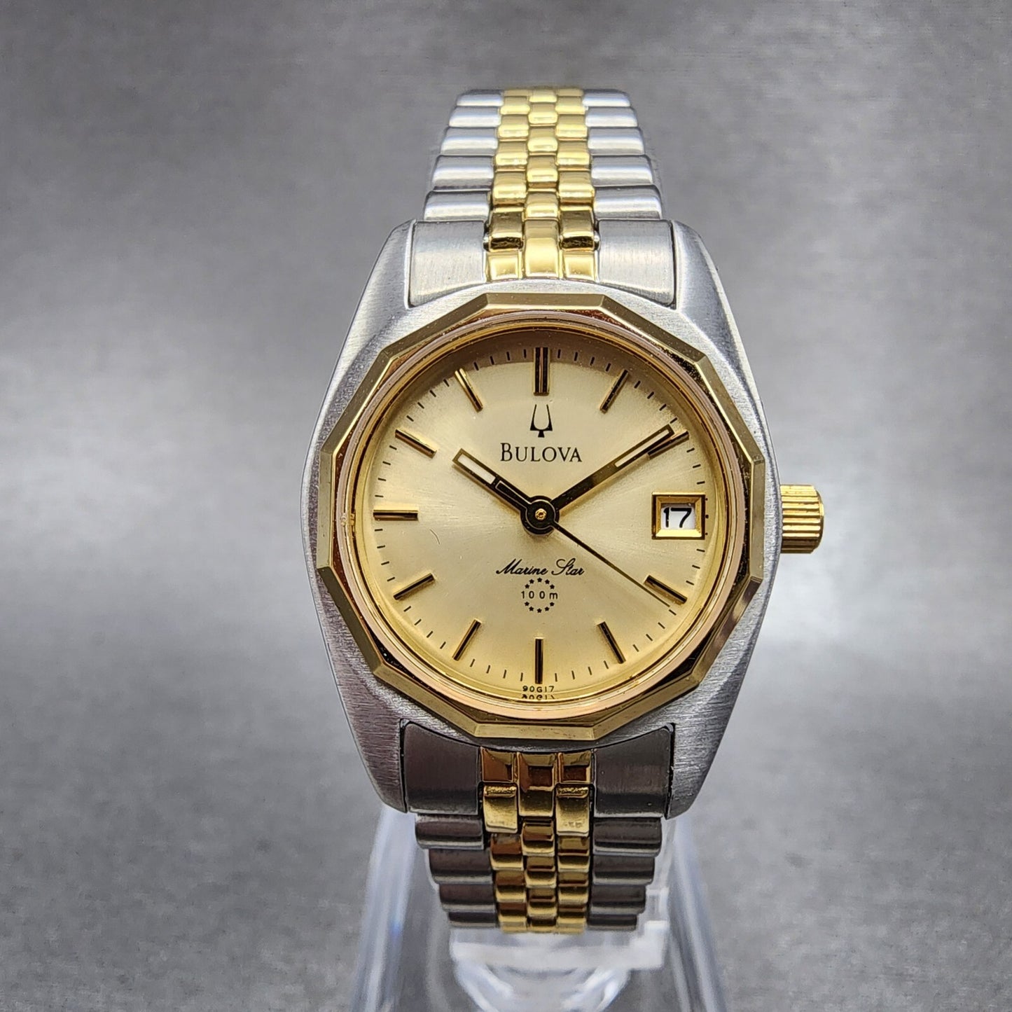 Bulova Marine Star Watch Women 24mm Gold Dial Two Tone Date Round New Battery0