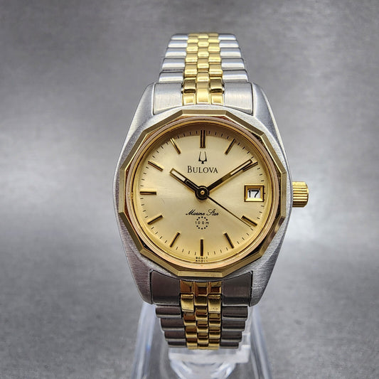 Bulova Marine Star Watch Women 24mm Gold Dial Two Tone Date Round New Battery0