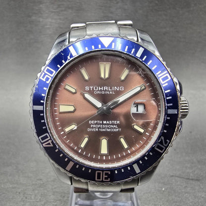 Stuhrling Depthmaster Dive Watch Men 43mm Gray Dial Steel Date Round New Battery0