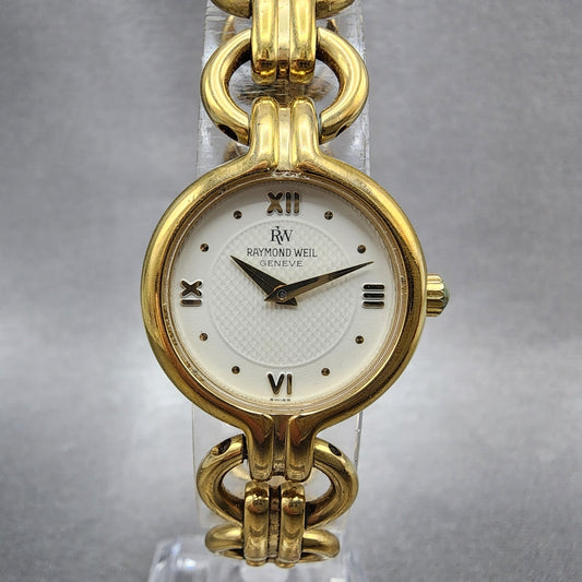 Raymond Weil Watch Women 22mm Cream Dial Gold Plated Round 9828 New Battery0