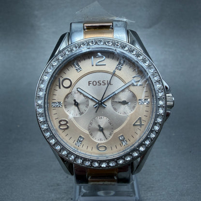 Fossil Riley Watch Women 38mm Rose Dial Two Tone Daydate Round ES4145 New Batt0