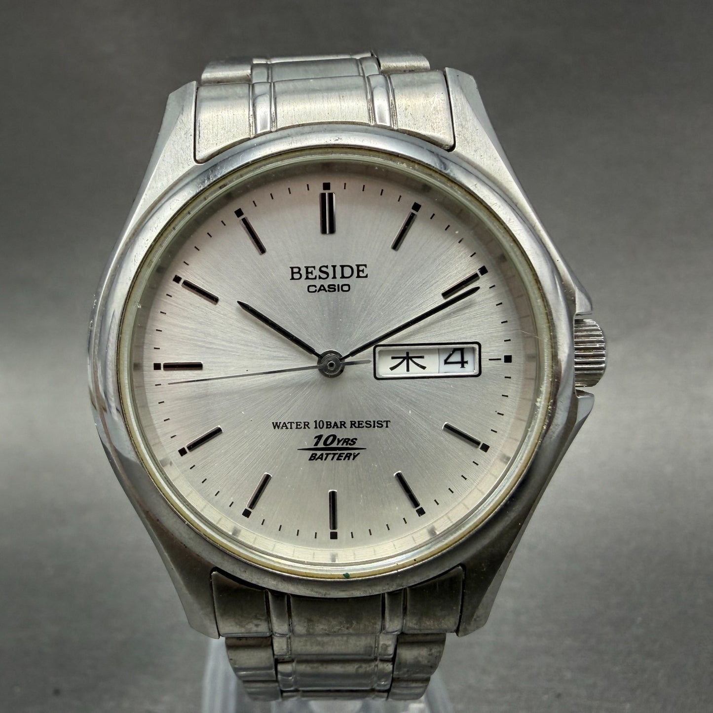 Casio Beside Watch Men 35mm Silver Dial Steel Daydate Round BES-105 New BatteryA0