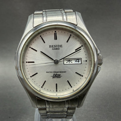 Casio Beside Watch Men 35mm Silver Dial Steel Daydate Round BES-105 New BatteryA0