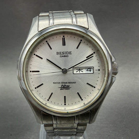 Casio Beside Watch Men 35mm Silver Dial Steel Daydate Round BES-105 New BatteryA0