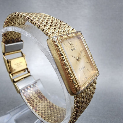 Seiko Exceline Watch Women 18mm Gold Dial Gold Tone Tank Rectangle New BatteryA13