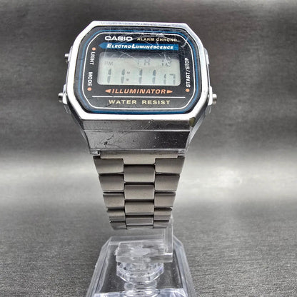 Casio A168 Digital Watch Men 36mm Black Dial Silver Tone Chrono Alarm New Batt5