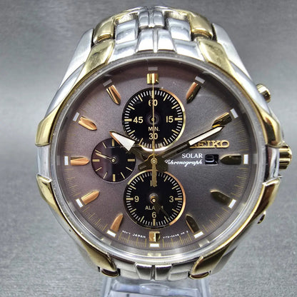 Seiko Excelsior Solar Chronograph Watch Men 44mm Gray Dial Two Tone Date Round F0