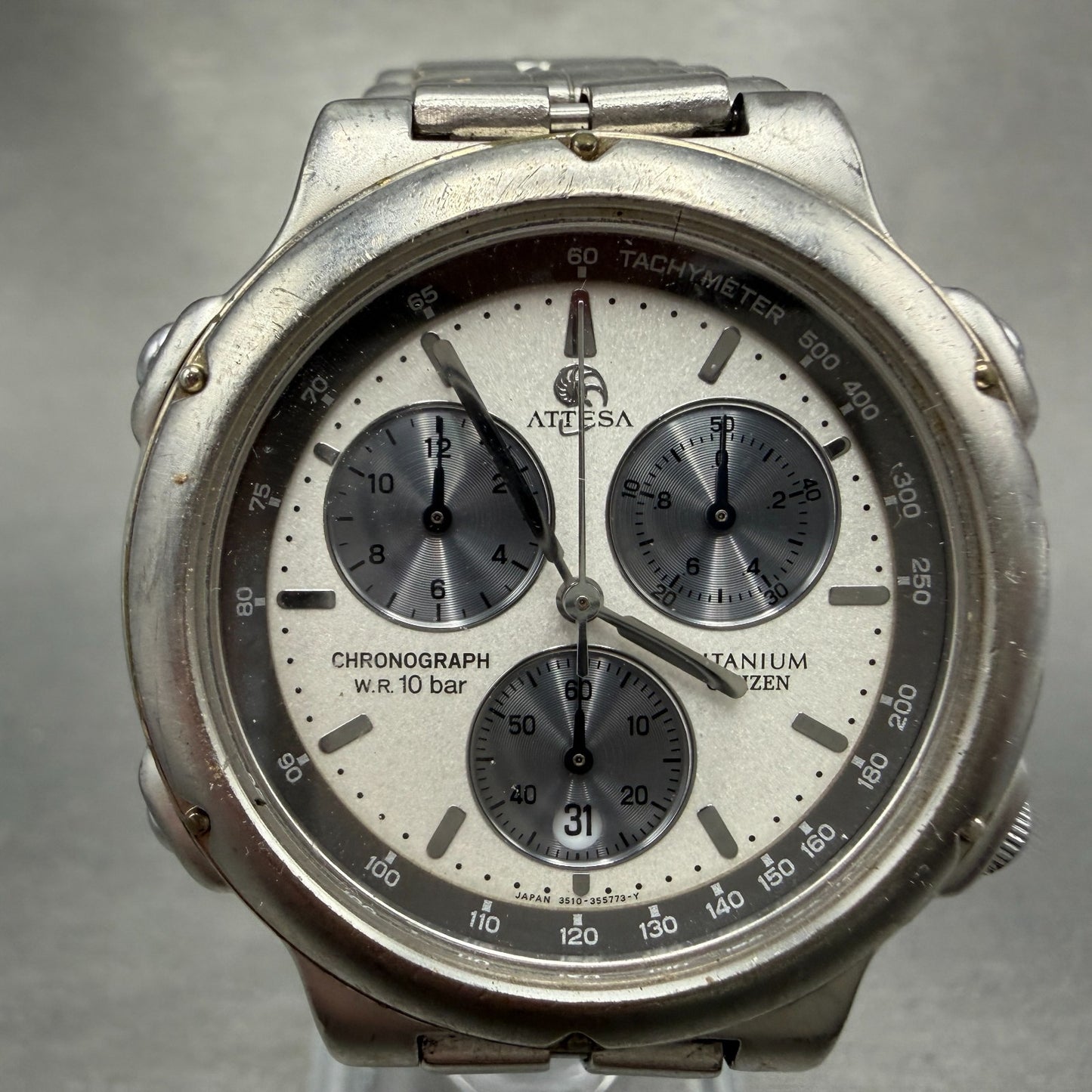 Citizen Attesa Chronograph Watch Men 38mm Silver Dial Titanium Date New Battery0