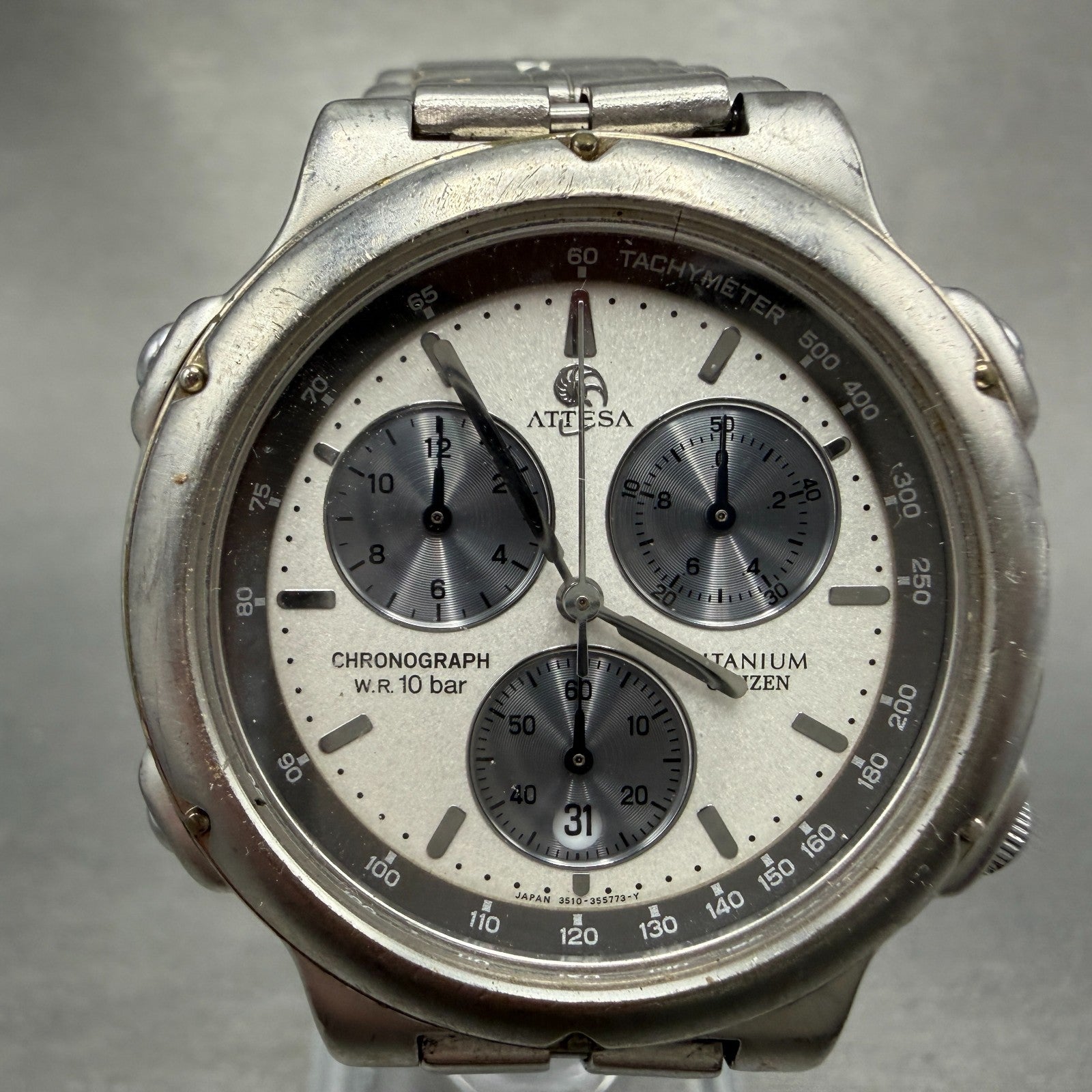 Citizen Attesa Chronograph Watch Men 38mm Silver Dial Titanium Date New Battery0