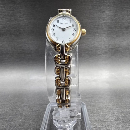 Bulova Watch Women 17mm White Dial Two Tone Oval 98L66 New Battery JP3245