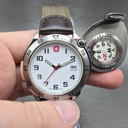 Wenger Compass Watch Men 41mm White Dial Silver Tone Date 7037X New Battery2