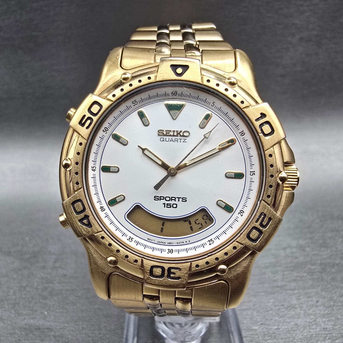 Seiko Sports 150 Watch Men 40mm White Dial Gold Tone Chrono H801-6088 New Batt0