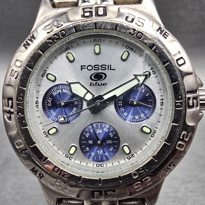 Fossil Blue Watch Men 35mm Silver Dial Silver Tone Daydate Round BQ-9022 New Bat1