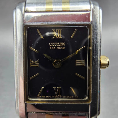 Citizen Eco-Drive Stiletto Tank Watch Women 19mm Black Dial Two Tone Works JP1