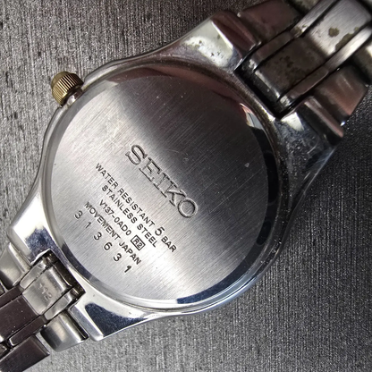 Seiko Solar Watch Women 28mm MOP Dial Two Tone Date Gemmed Round V137-0AD0 Works10