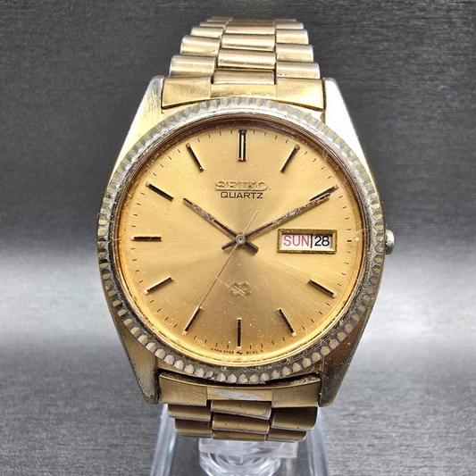 Seiko President Watch Men 36mm Gold Dial Gold Tone Daydate 5Y23-8A69 New Battery0