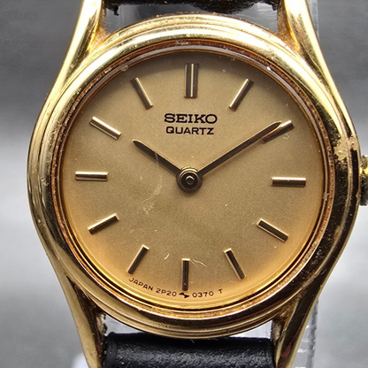 Seiko Watch Women 20mm Gold Dial Gold Tone Round 2P20-0080 New Battery Vintage1