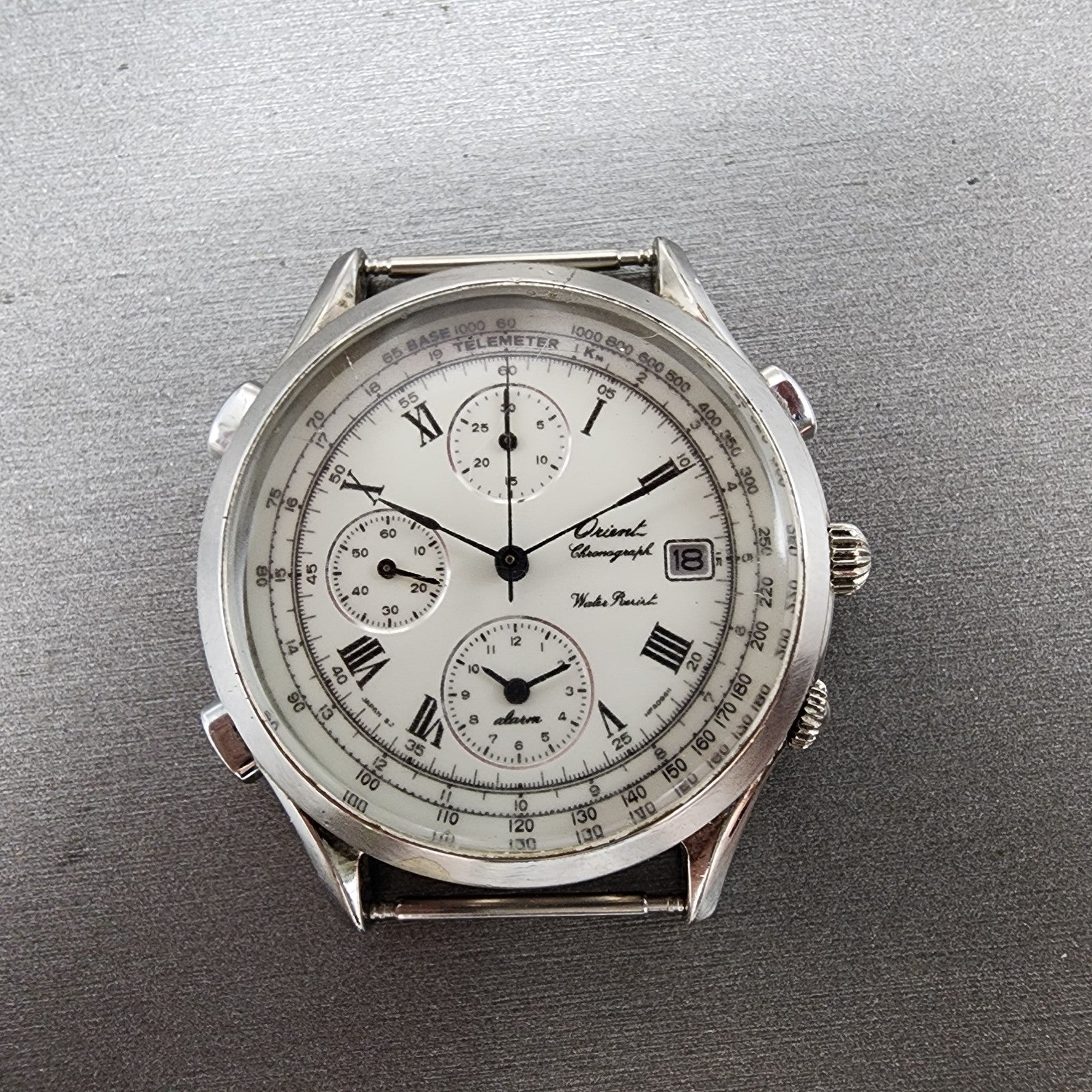 Orient Chronograph Watch Men 39mm White Dial Silver Tone Date Alarm READ!!!!!!!!0