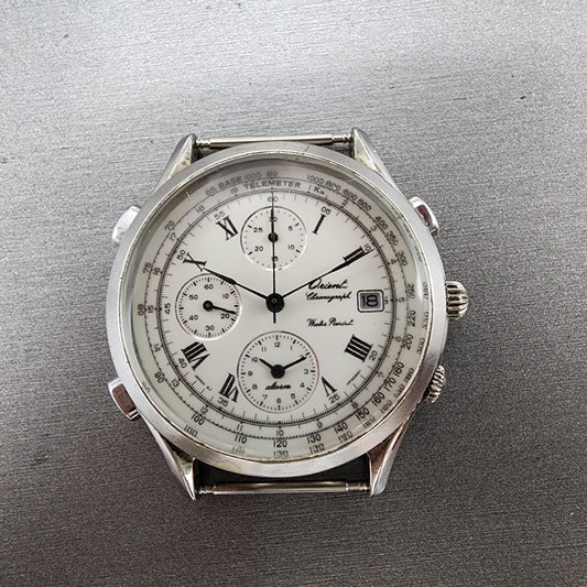 Orient Chronograph Watch Men 39mm White Dial Silver Tone Date Alarm READ!!!!!!!!0