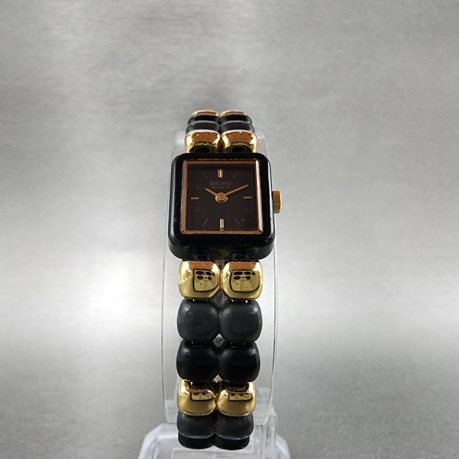 VTG Seiko Watch Women 14mm Black Dial Black Tone Rectangle 1E205540 New Battery5