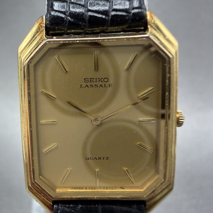 Seiko Lassale Tank Watch Women 20mm Champagne Dial Gold Tone 6730-5299 New Batt1