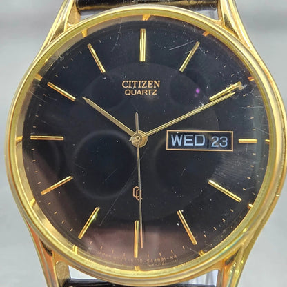Citizen CQ Watch Men 34mm Black Dial Gold Tone Daydate Round 6100-S20269 New Bat1