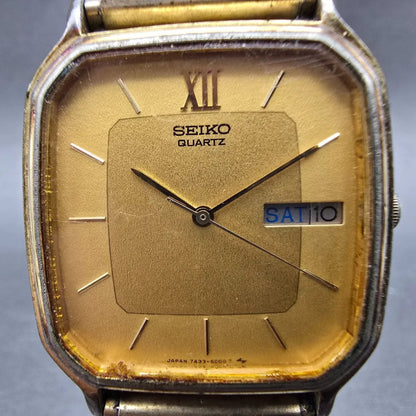 Seiko Watch Men 30mm Gold Dial Gold Tone Rectangle 7433-5009 PARTS Vintage2