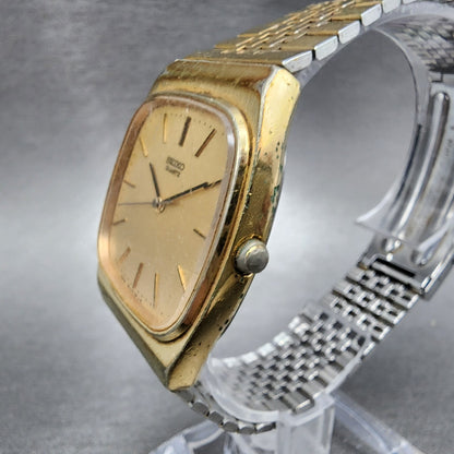 Seiko Watch Men 32mm Gold Dial Gold Tone Rectangle 7810-5139 New Battery