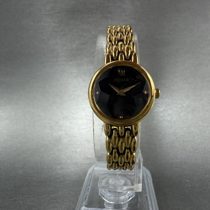 Seiko Pulsar Watch Women 20mm Black Dial Gold Tone Round V400-0880 New Battery5