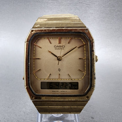 Casio AQ-412G Watch Men 30mm Analog Digital Alarm Chrono Octagon READ New Batt