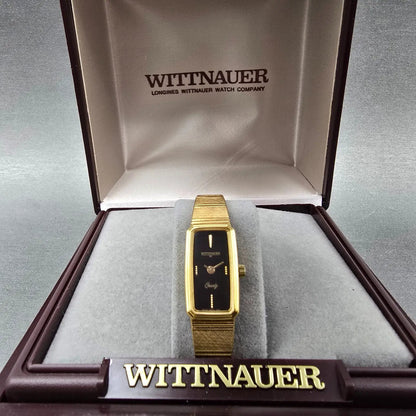 Wittnauer Watch Women 12mm Black Dial Gold Tone Rectangle AS1732 0280 New Batt0