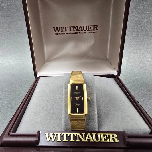 Wittnauer Watch Women 12mm Black Dial Gold Tone Rectangle AS1732 0280 New Batt0