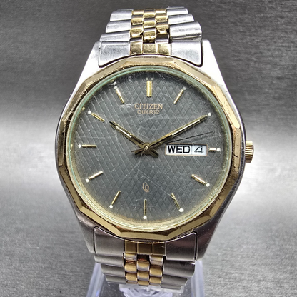Citizen CQ Watch Men 34mm Gray Dial Two Tone Daydate Round 1100-K11294 New BattL0