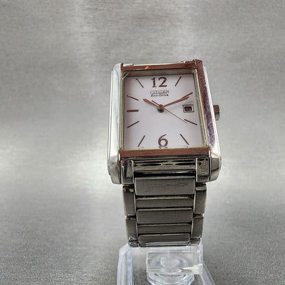 Citizen EcoDrive Tank Watch Women 26mm White Dial Silver Tone Date Runs5