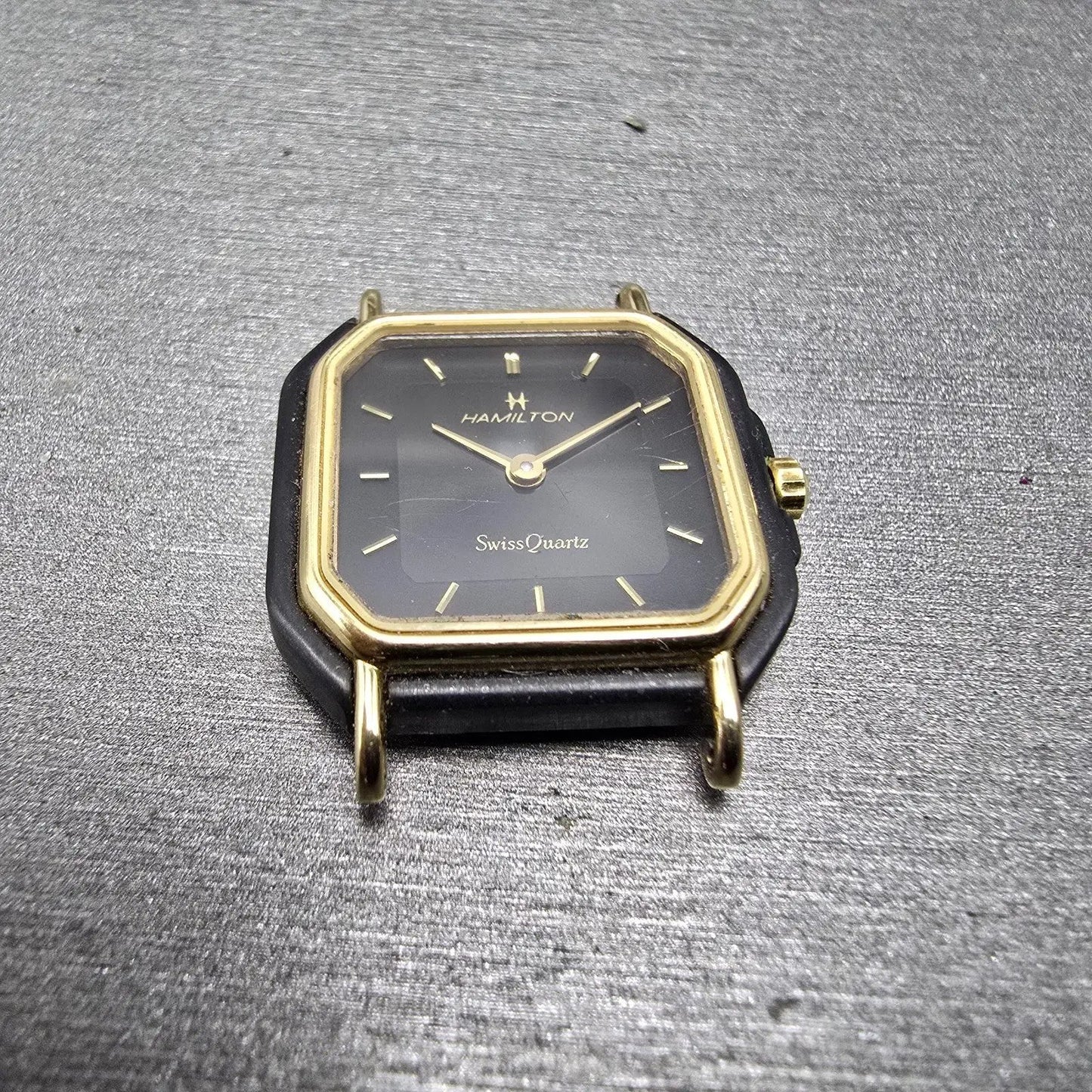 Hamilton Watch Women 22mm Black Dial Black Gold Tone Octagon VTG PARTS3