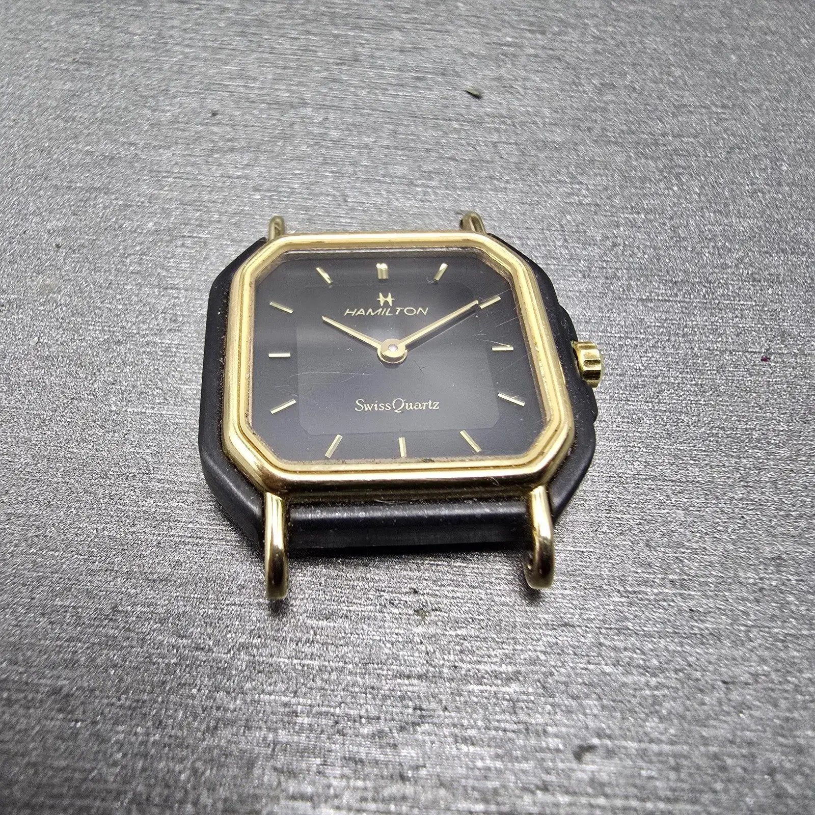 Hamilton Watch Women 22mm Black Dial Black Gold Tone Octagon VTG PARTS3