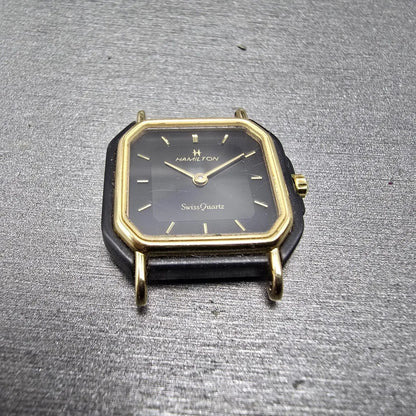 Hamilton Watch Women 22mm Black Dial Black Gold Tone Octagon VTG PARTS3