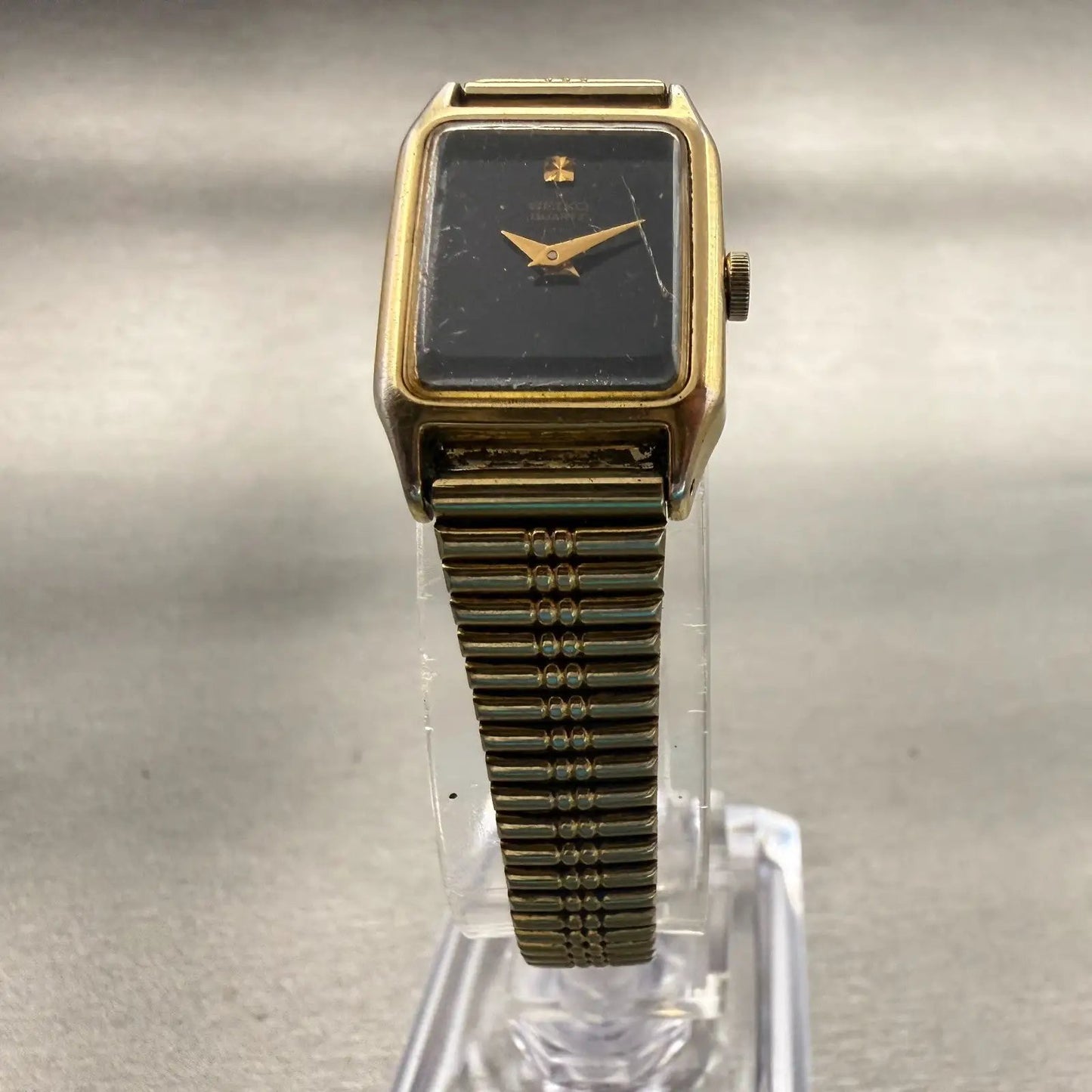 Seiko Watch Women 17mm Black Dial Gold Tone Rectangle 2B20-5000 New Battery VTG5