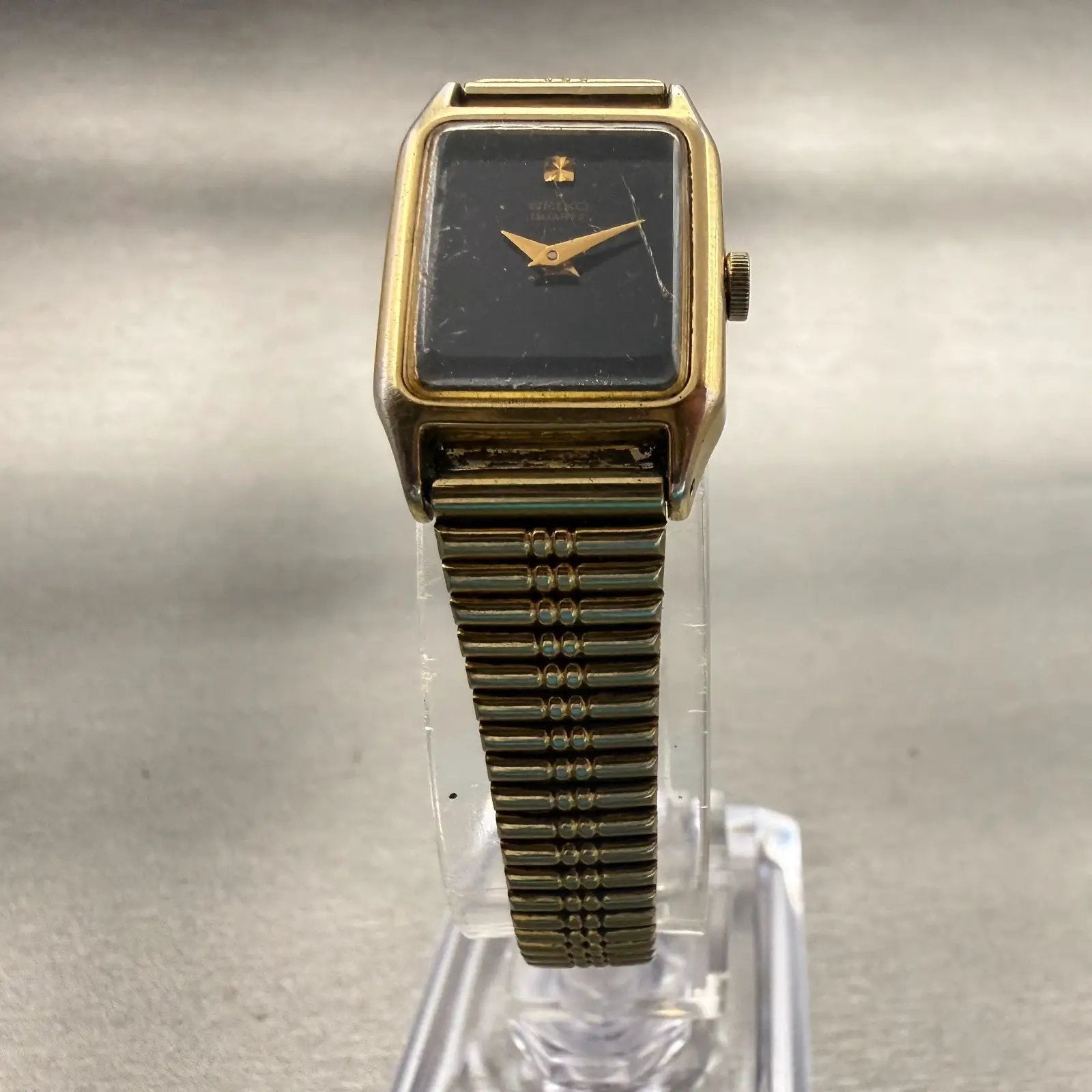 Seiko Watch Women 17mm Black Dial Gold Tone Rectangle 2B20-5000 New Battery VTG5